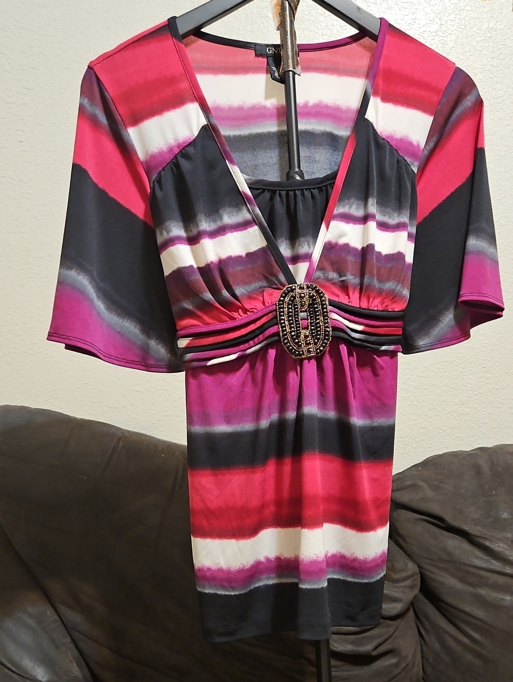GNW Pink Black White Striped V-Neck Tunic with Embellished Waist